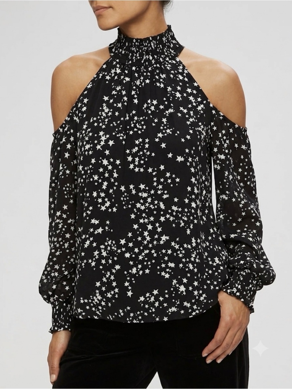 DKNY Black Star-Print Smocked High-Neck Cold-Shoulder Blouse